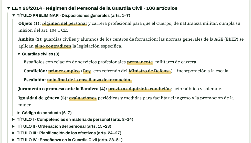 Esquema de un tema con las palabras clave subrayadas en amarillo